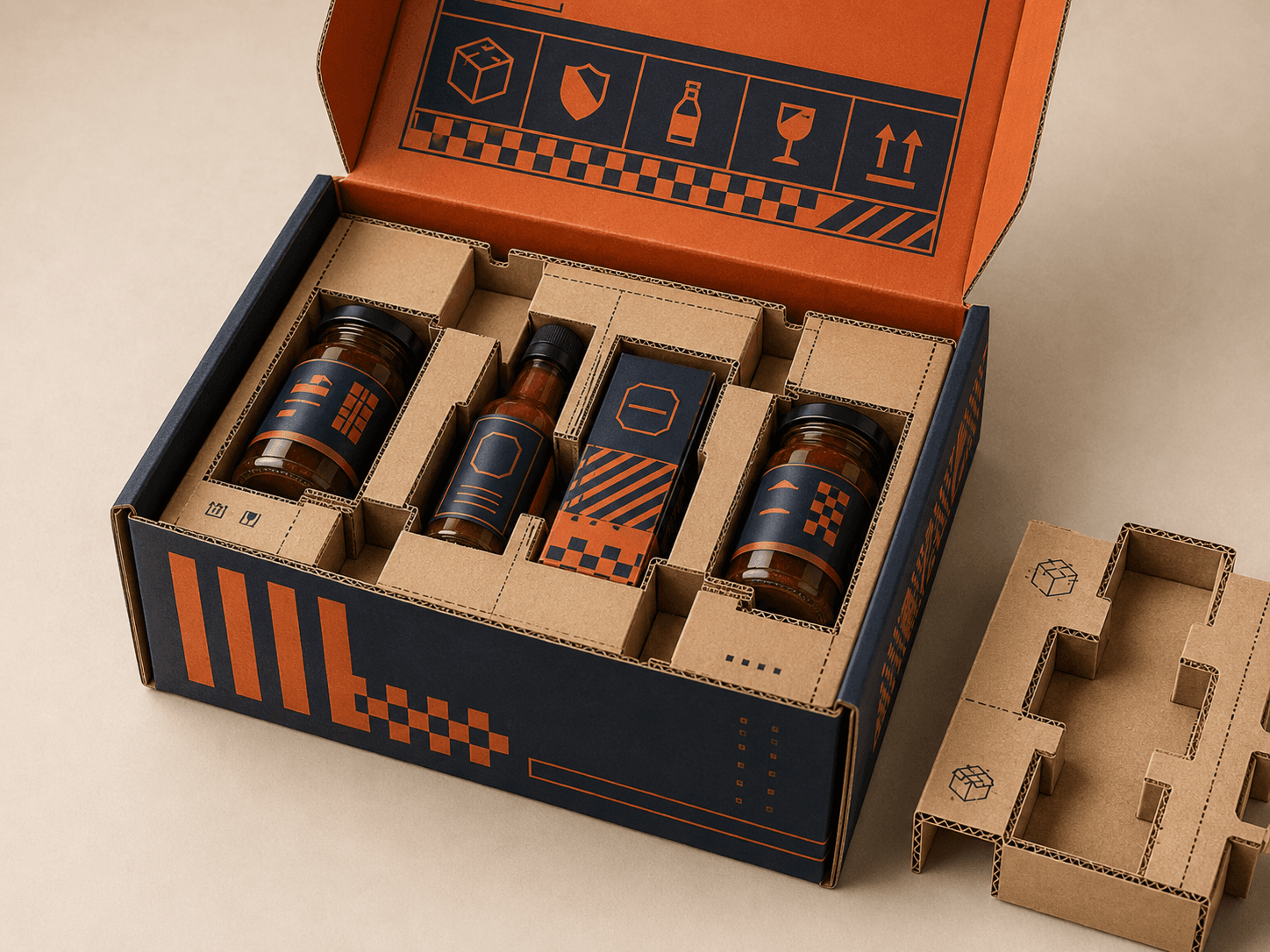 Open corrugated shipping box with strong printed corrugated insert securing fragile products in custom die-cut compartments.