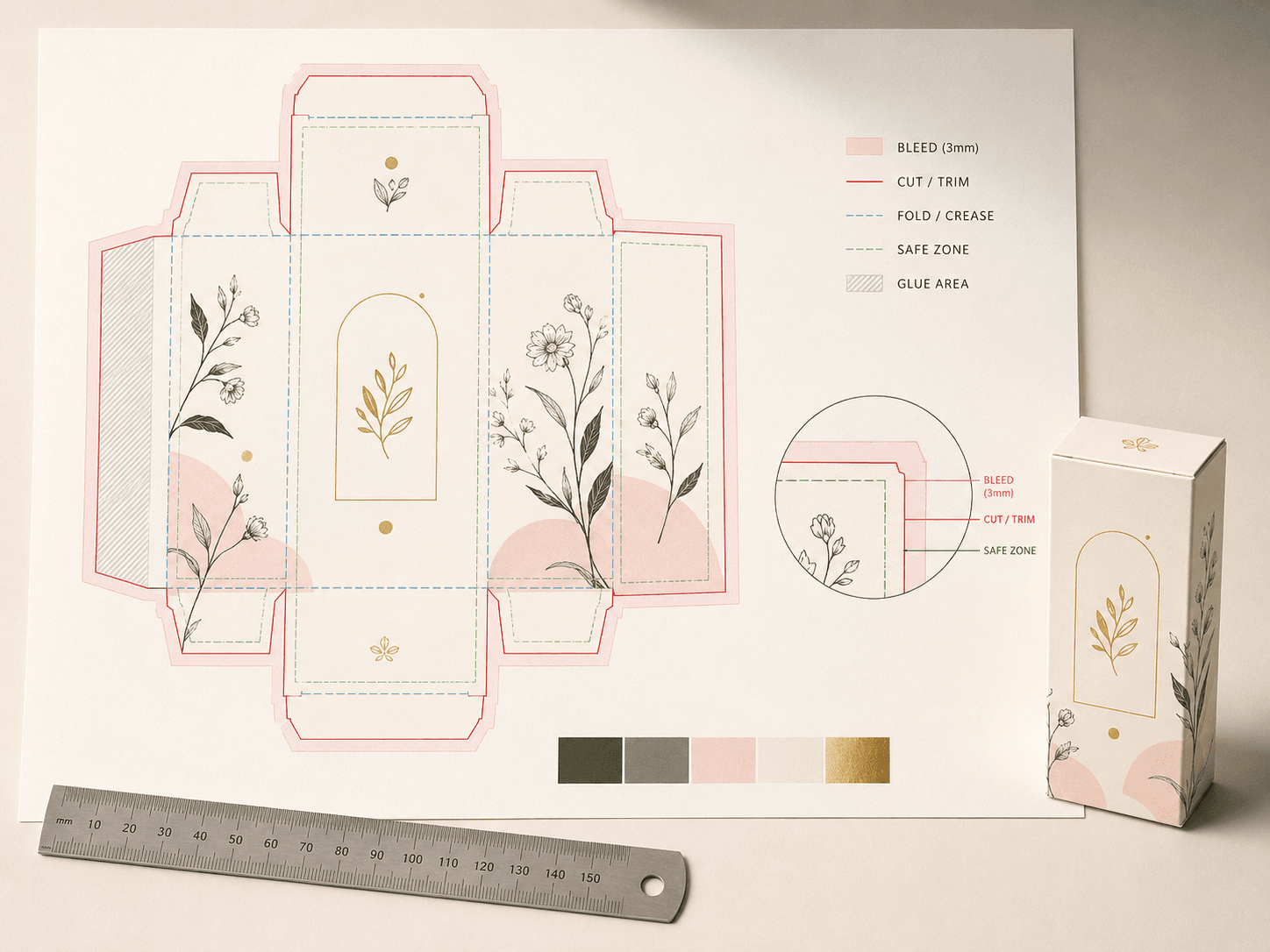Technical carton artwork proof showing bleed, trim, safe zone, crease lines and shaded glue areas.