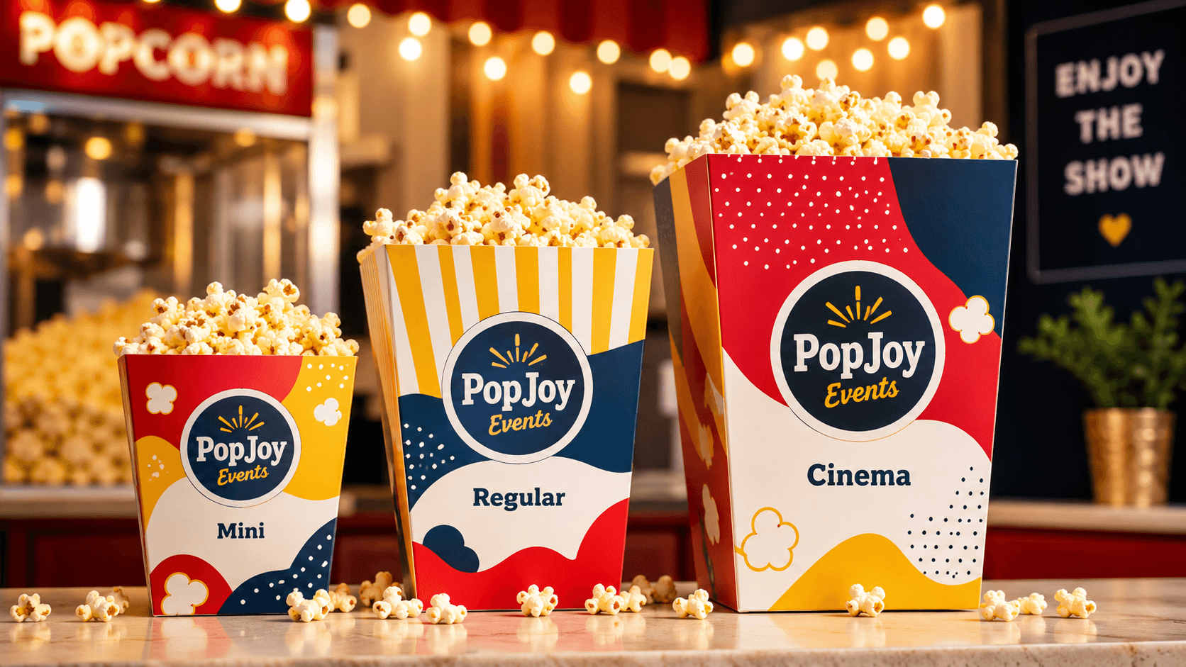 Colourful event popcorn stall with branded boxes in small, regular and large sizes for cinemas, fairs and food stalls.