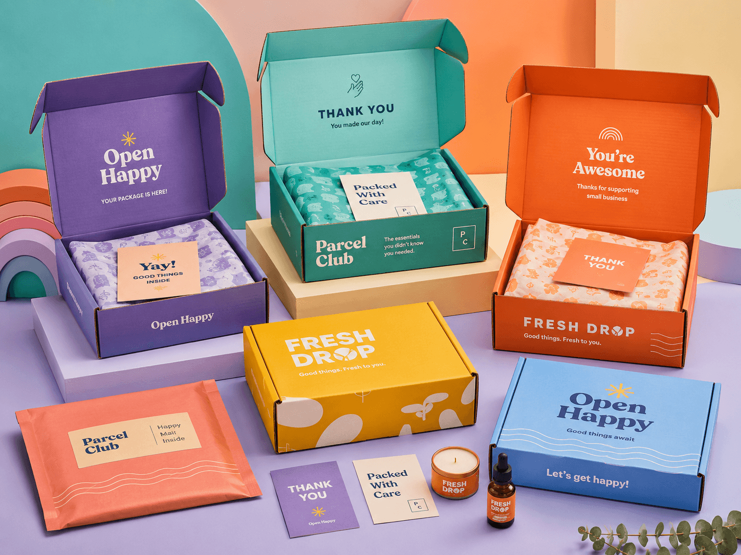 Printed corrugated mailer boxes arranged for ecommerce and subscription packaging.