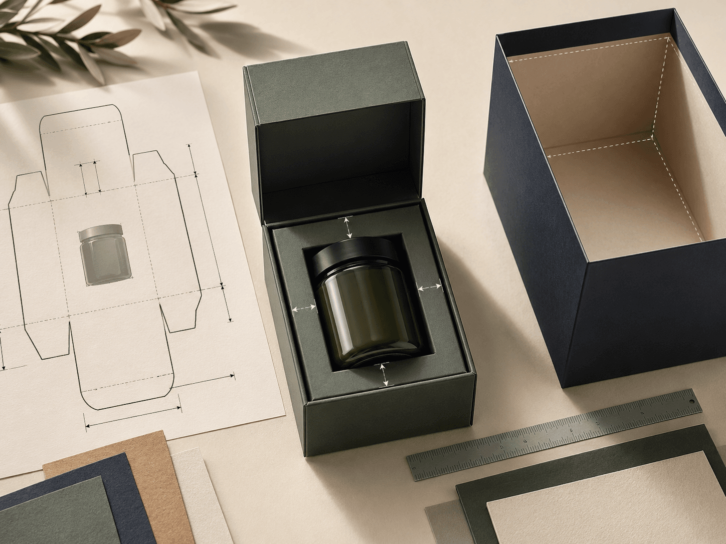 Custom packaging sizing scene with fitted paperboard box, dieline sheet, measuring guides and product sample.
