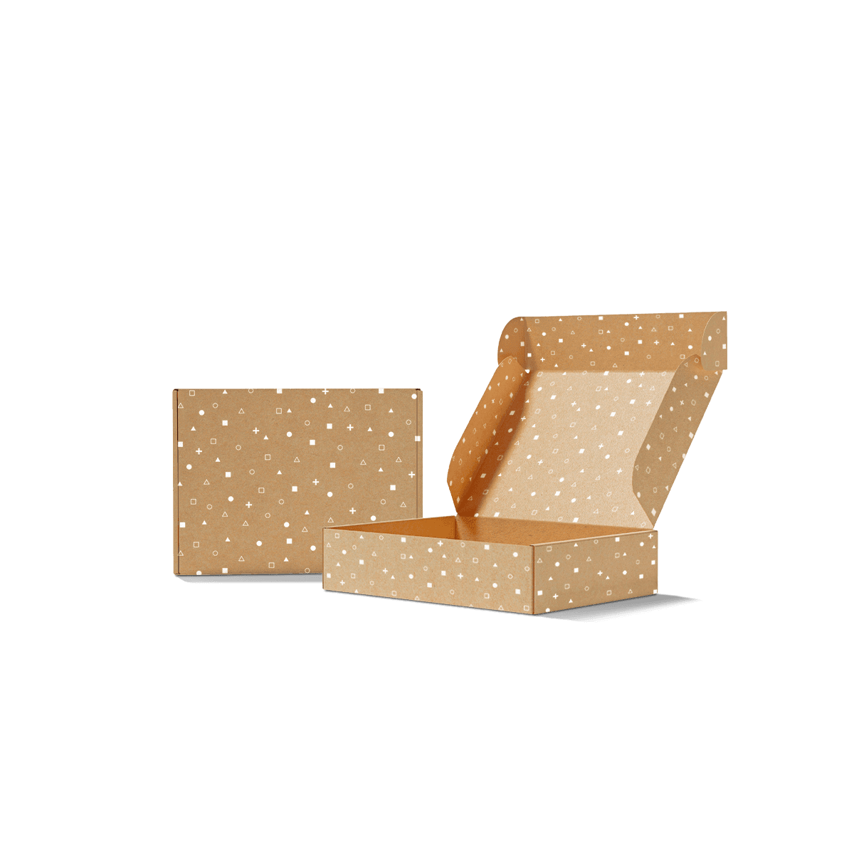 Kraft mailer boxes with natural brown corrugated board and minimal printed branding, styled for recyclable e-commerce and retail delivery packaging.