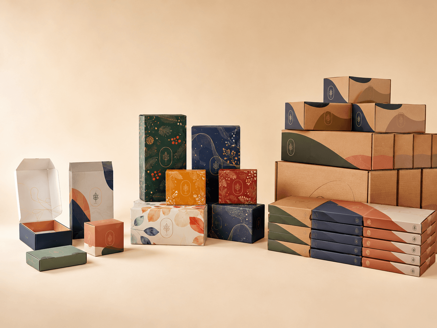Custom packaging production scene showing small sample runs beside stacked bulk order boxes.