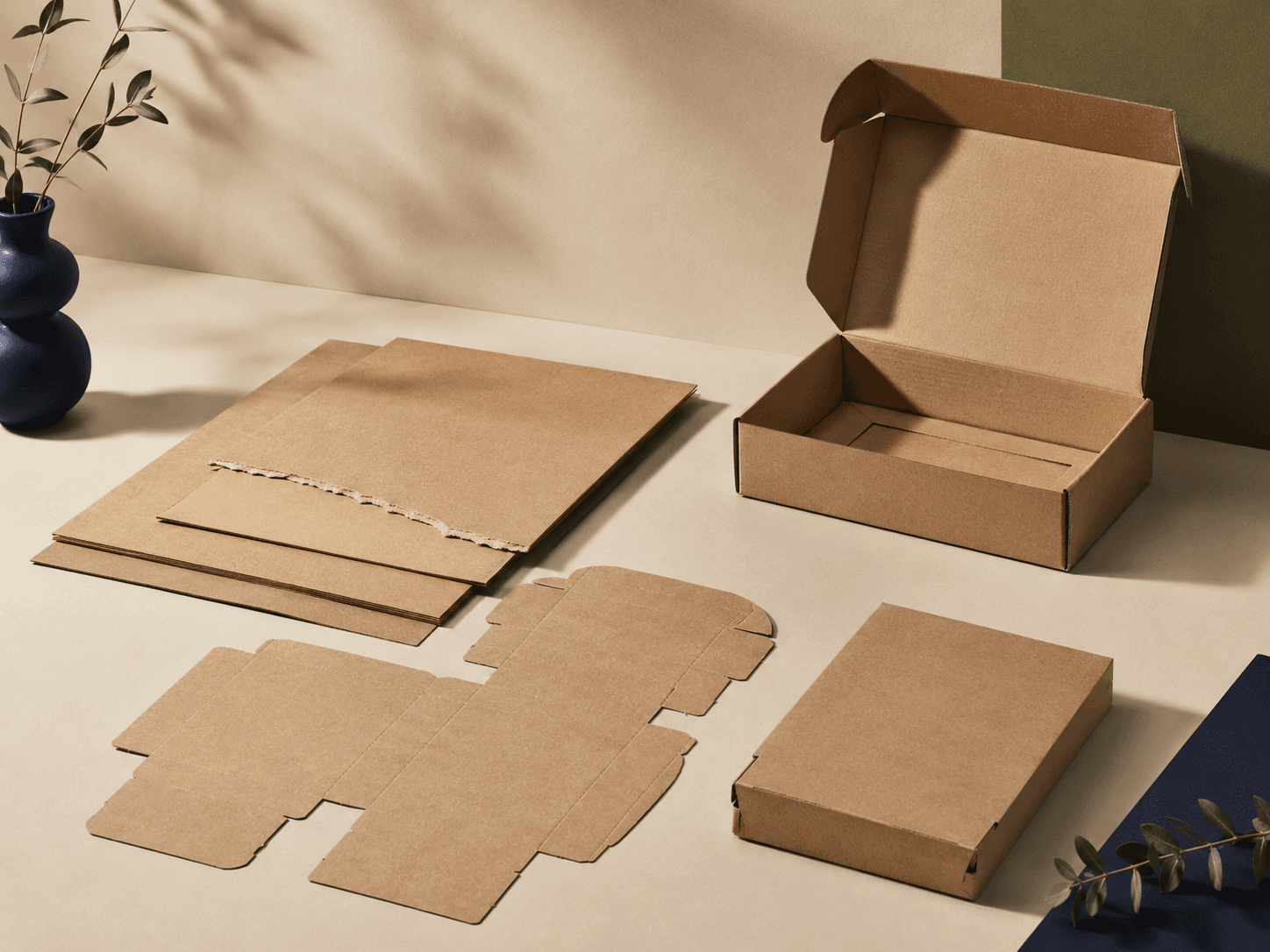 Kraft board sheets, fibre detail and kraft mailer sample for natural custom packaging.
