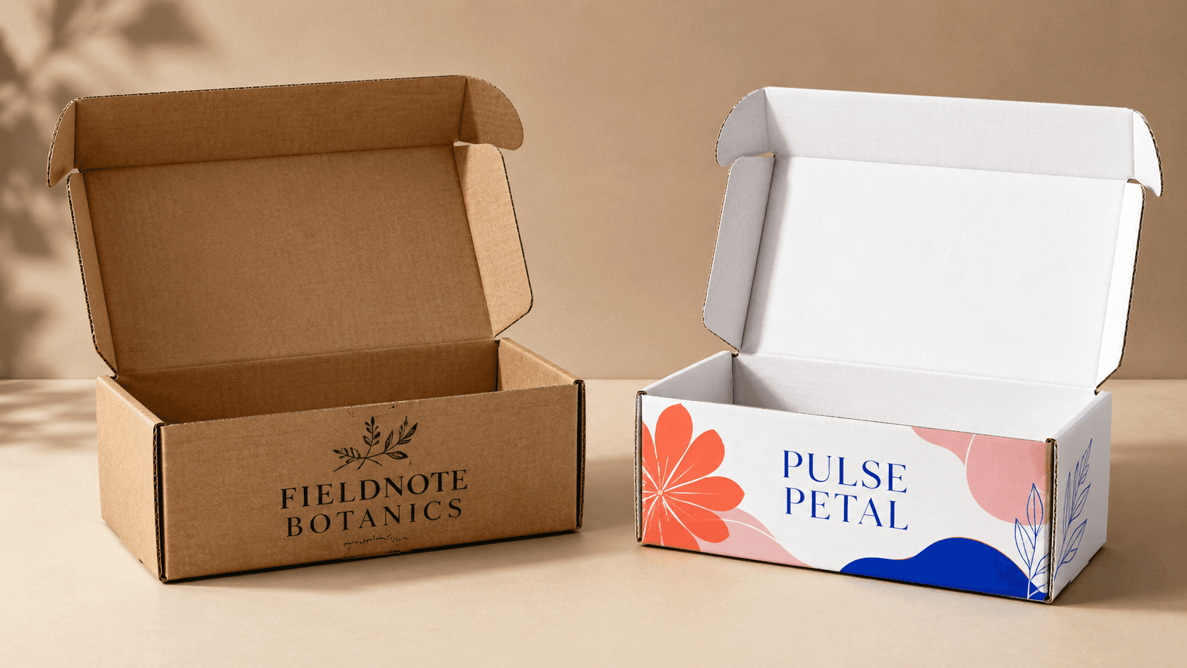 Natural brown kraft mailer box beside a white printed corrugated mailer box