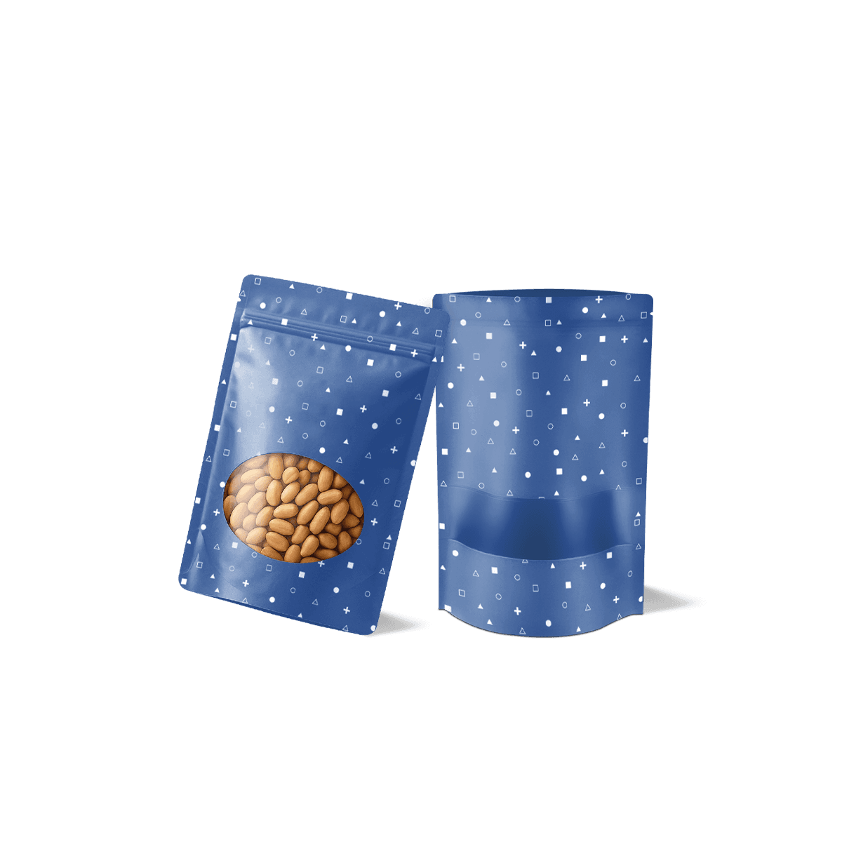 Window mylar bags with printed fronts and clear product-view panels, shown upright for food, treats and retail products needing visible contents.