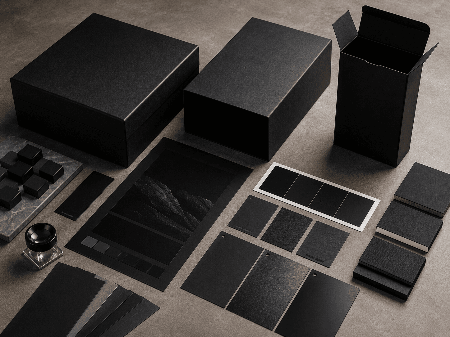 Luxury black packaging samples showing controlled deep colour, matte finish and clean print edges.