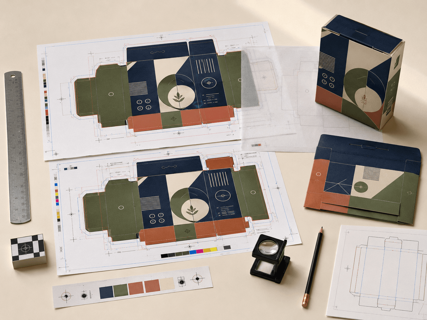 Packaging artwork review showing flat proofs, dielines, safe zones, bleed and panel alignment checks before print production.