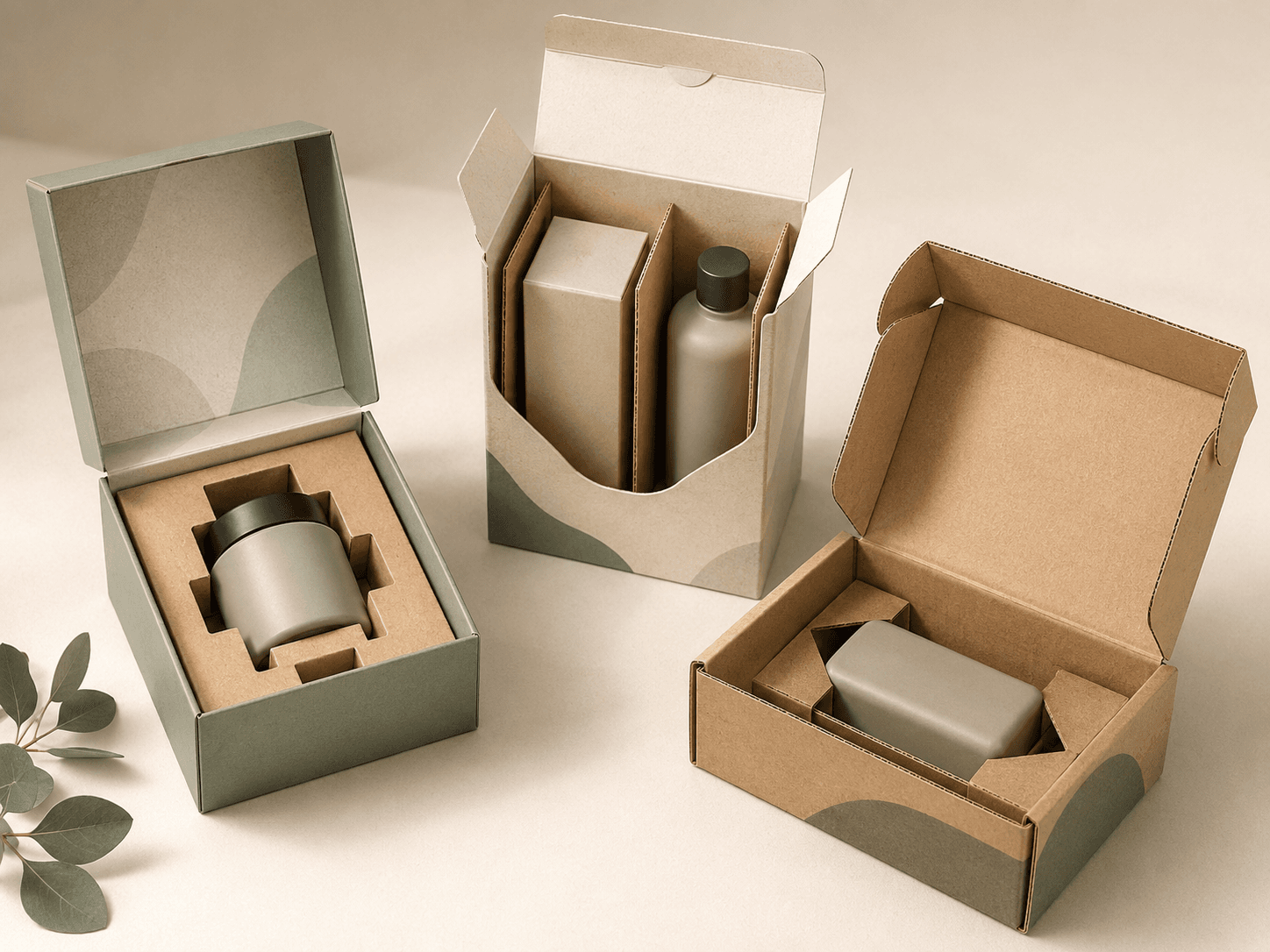 Paper-based packaging with cardboard inserts, dividers and cradle supports holding products neatly inside custom boxes.