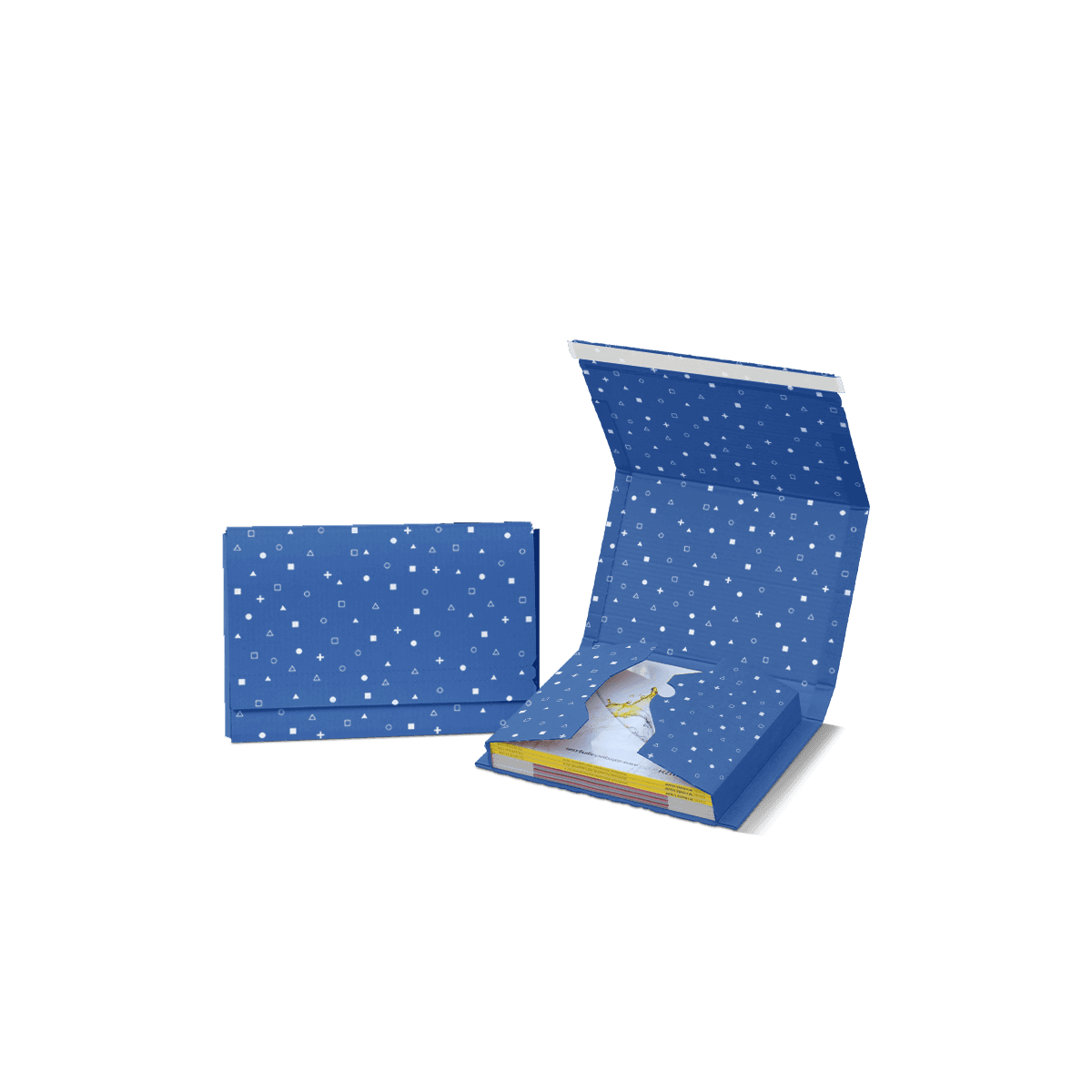 Protective book mailers in corrugated board with folded wraparound panels, shown securing books and printed items for postal delivery.