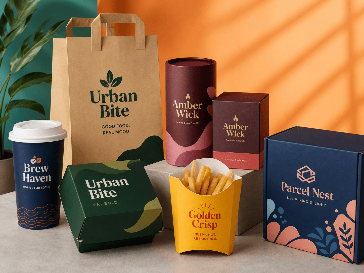 Branded custom packaging including food boxes, candle packaging and ecommerce mailer boxes arranged in a bold colourful studio setup.