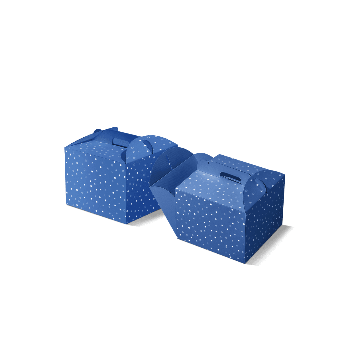 Gable boxes with built-in carry handles and printed paperboard sides, shown as gift, takeaway and event packaging with a clean folded structure.
