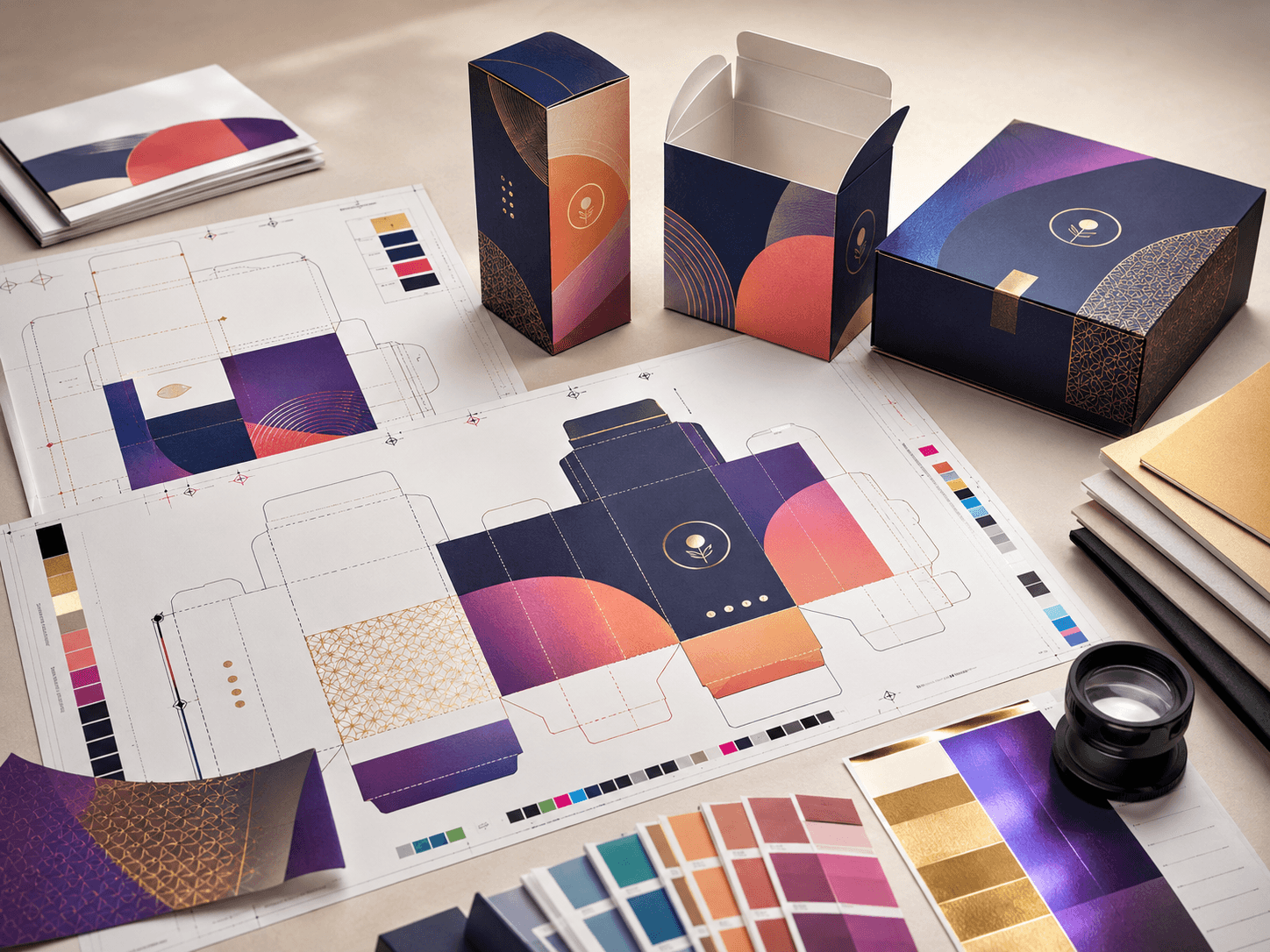 Packaging artwork and dieline planning scene with carton layout sheets, colour areas and printed mockups.