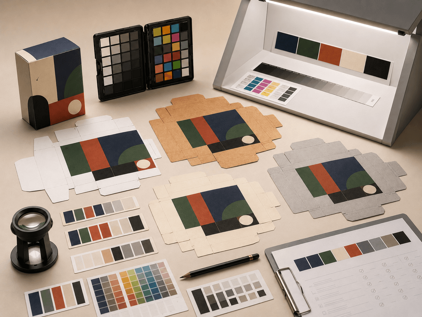 Printed packaging colour checks comparing brand colours across different paperboard stocks before final approval.