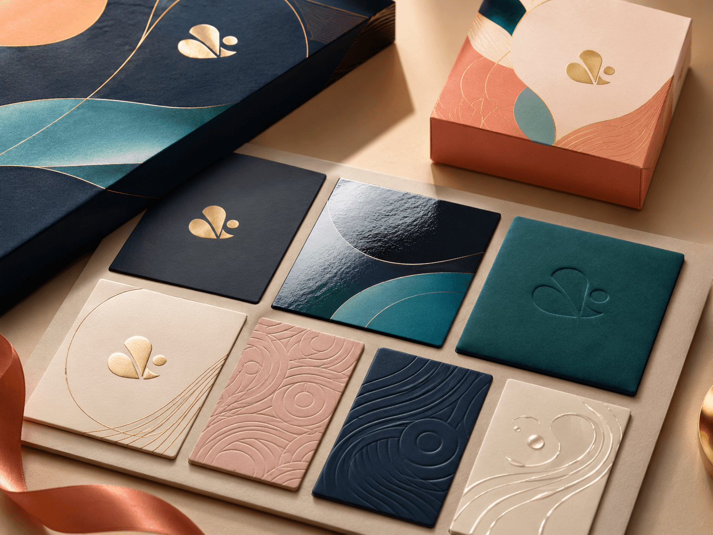 Luxury packaging finish samples showing matte, gloss, soft-touch, foil, embossing and spot UV effects.