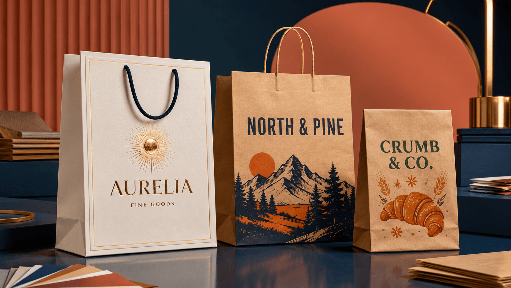 Premium rope-handle, kraft twist-handle and counter bags with bold fictional branding showing different custom paper bag price levels.