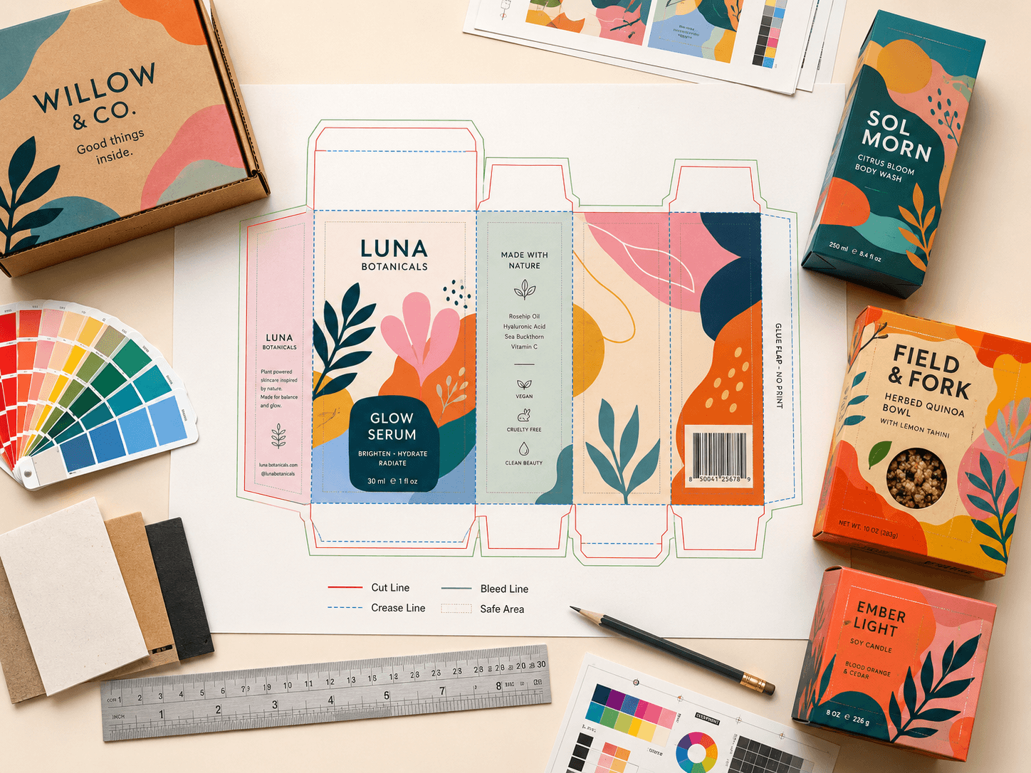 Colourful packaging dieline artwork setup with accurate cut lines, crease lines, bleed areas and folded custom box samples.