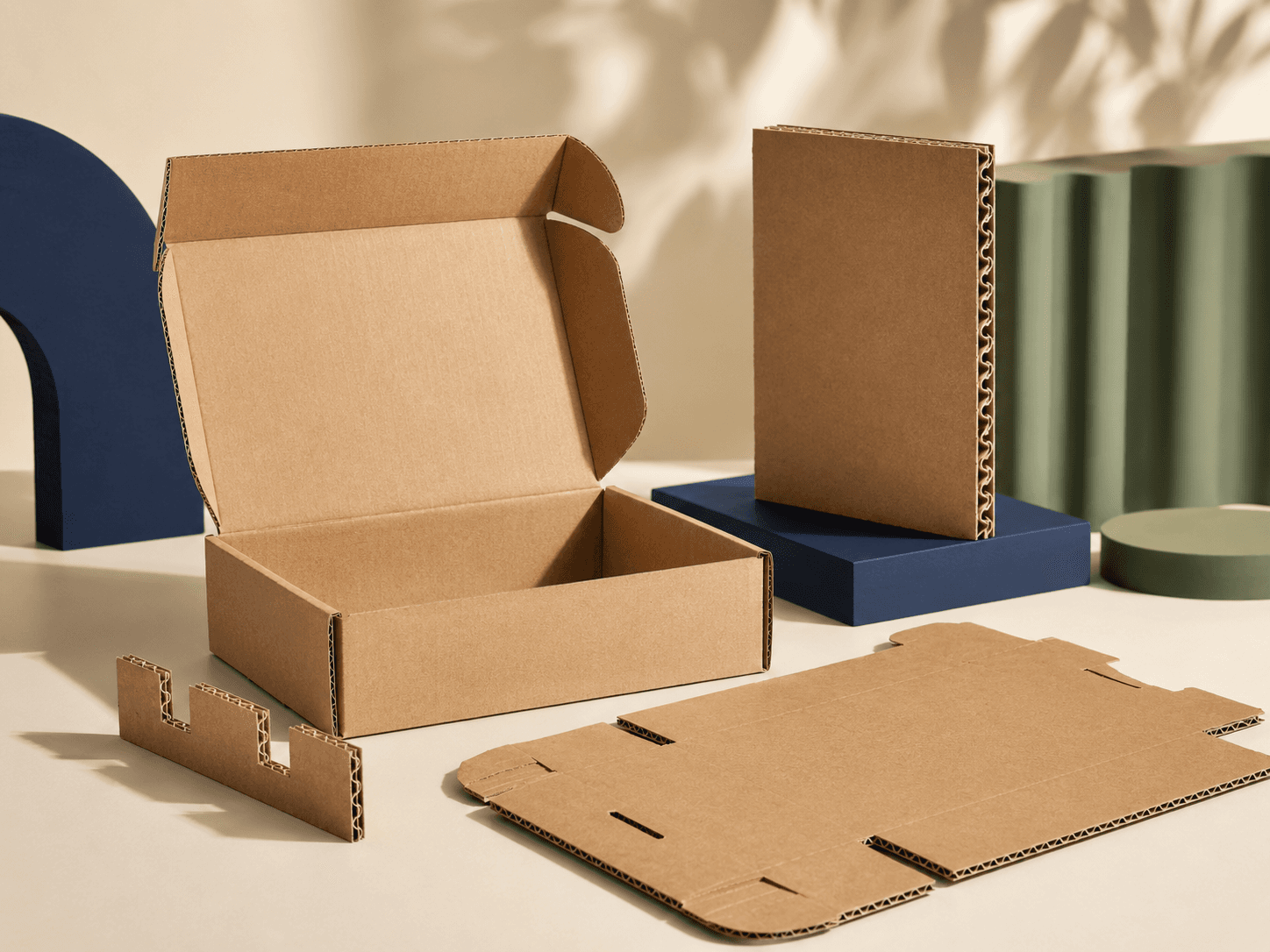 Corrugated board cutaway with visible fluting, mailer blank and assembled mailer box.