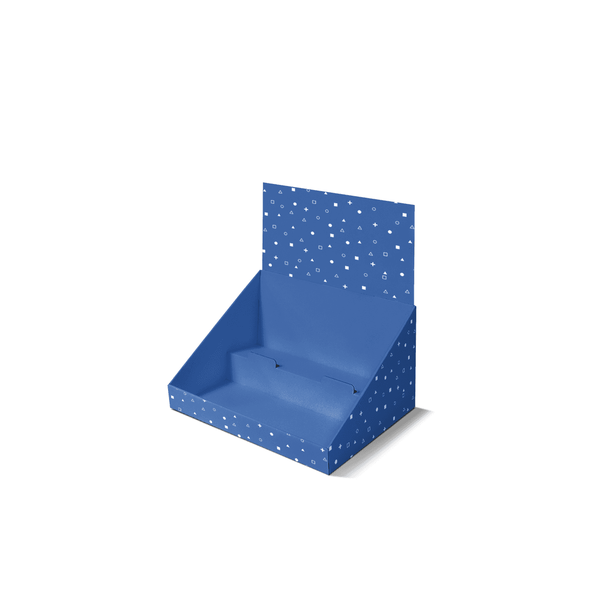 Countertop display boxes with printed card panels and organised product slots, arranged for small retail items, samples and impulse-buy packaging.