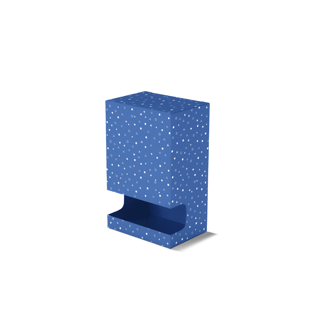 Gravity dispenser boxes with sloped internal product flow and front access opening, shown as printed cardboard retail dispensing packaging.
