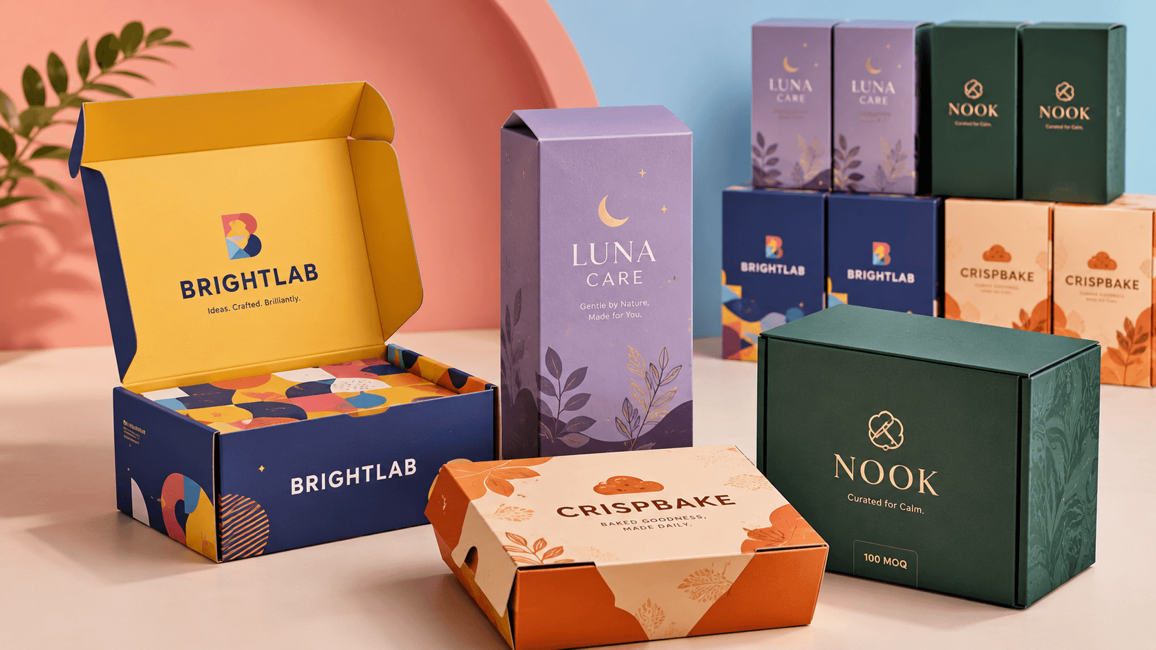 Bold colourful custom printed boxes in neat grouped arrangements showing a small minimum order across different packaging styles.