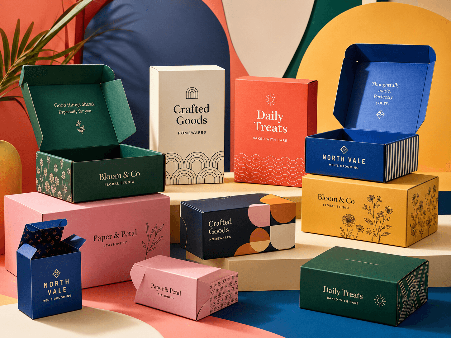 Custom printed boxes in different sizes with branded paperboard, corrugated and retail packaging styles.