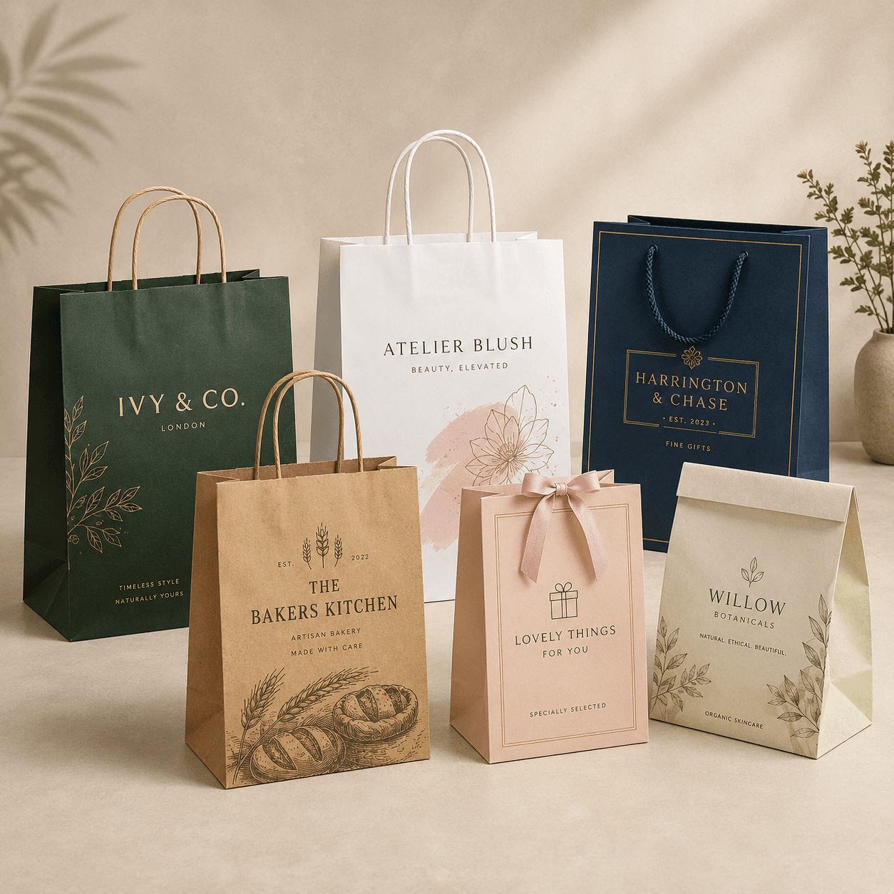 Custom paper bags in kraft, white, green, navy and blush finishes with twisted, rope and ribbon handles for retail, bakery and gifts.