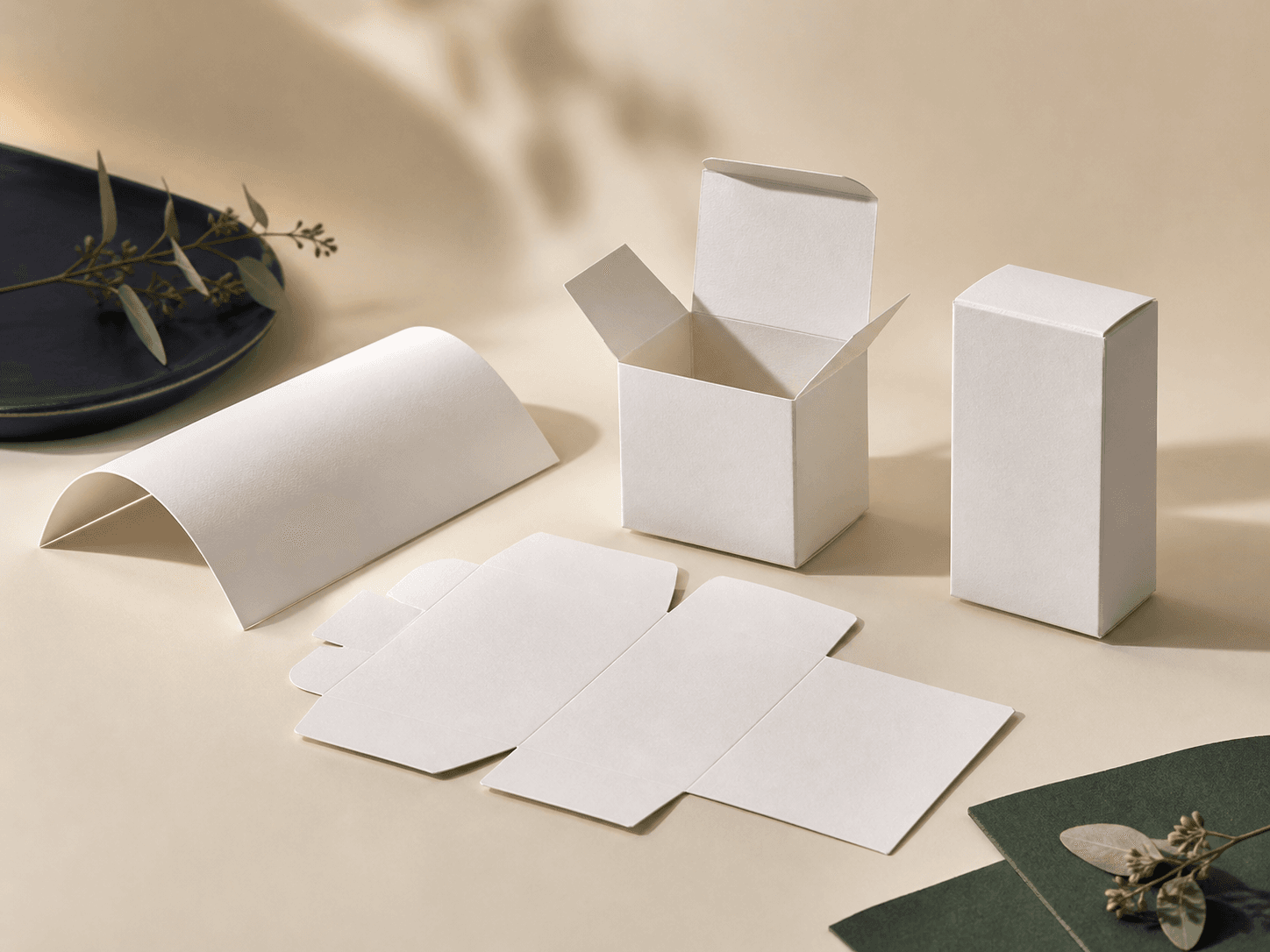 Smooth paperboard sheet, carton blank and folding carton sample showing lightweight custom packaging board.