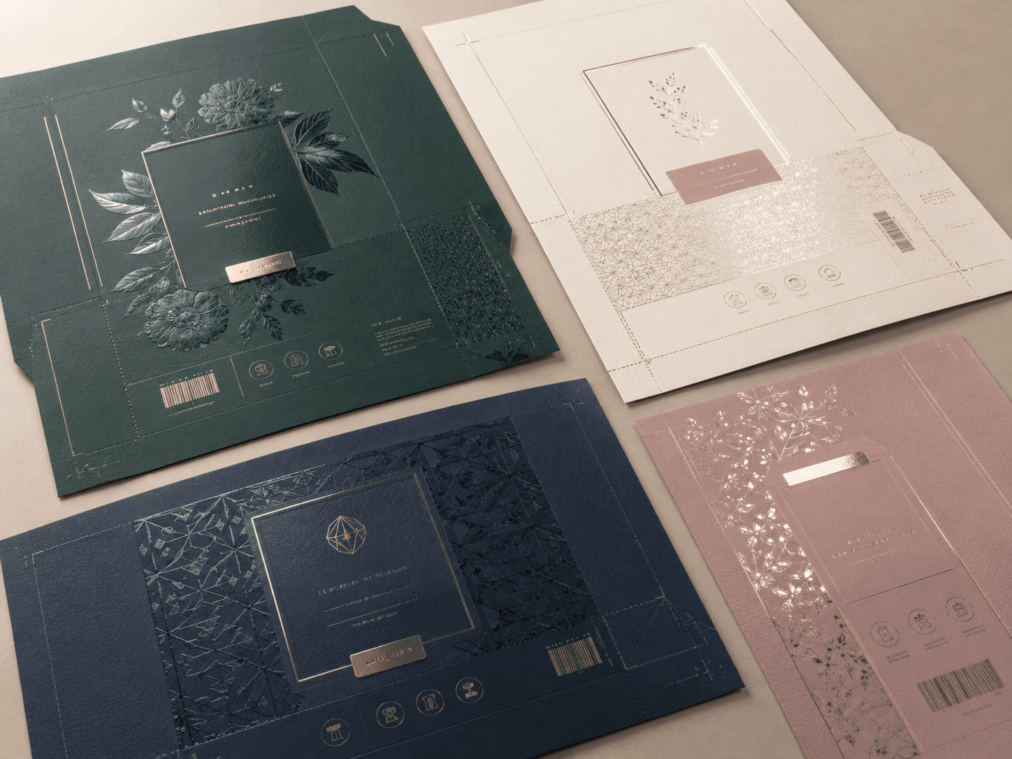 Flat packaging artwork samples with spot varnish highlights on selected printed details.