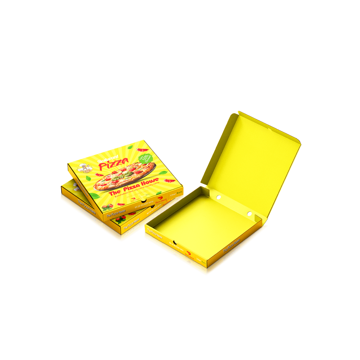 Custom pizza boxes with printed corrugated packaging for takeaway pizza, delivery orders and restaurant branding