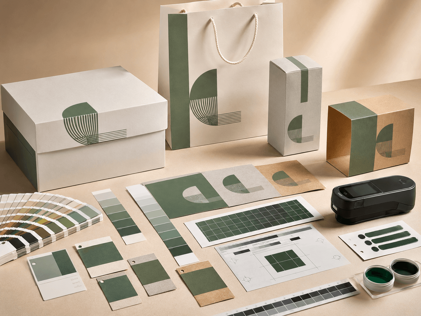 Pantone colour matched packaging samples showing consistent brand colour across different paper stocks.