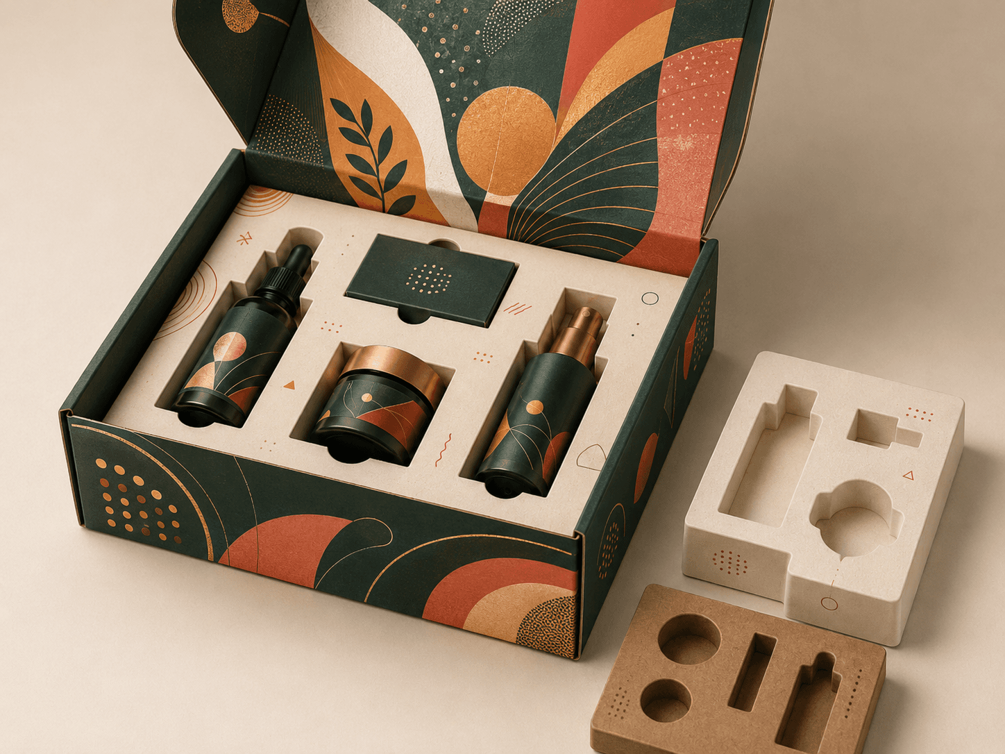 Open custom box with printed cardboard insert holding products in precise die-cut cavities for controlled presentation and unboxing.