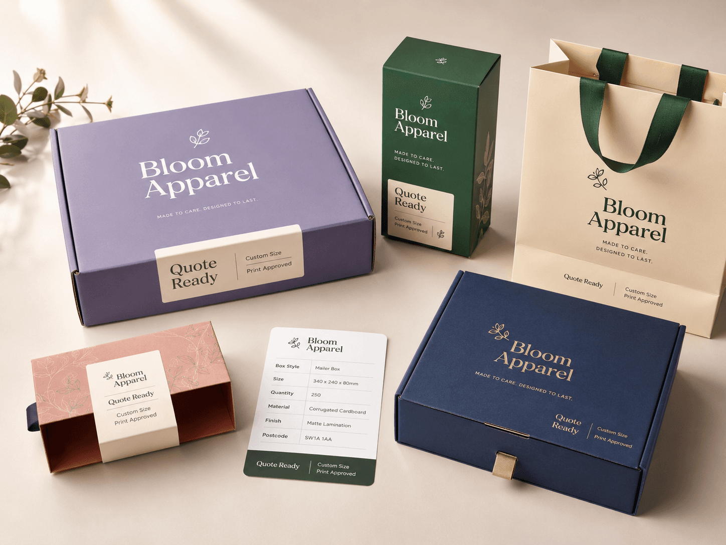 Colourful custom packaging boxes arranged with quote-ready details for an instant packaging quote