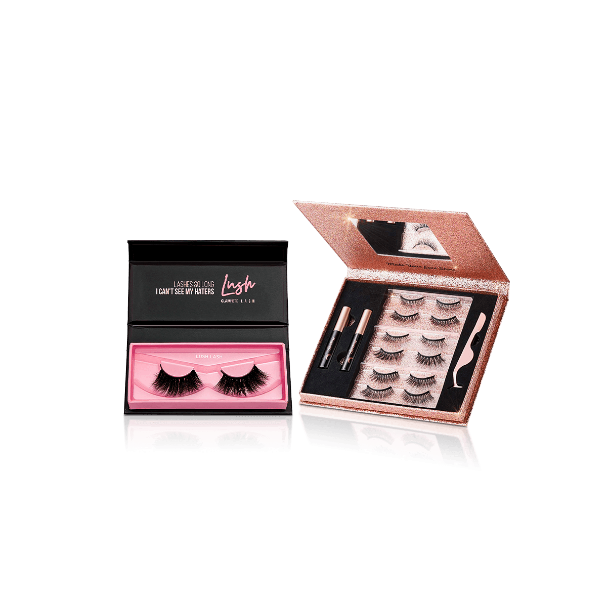 Custom eyelash boxes with clear display packaging and printed branding for false lashes and beauty kits