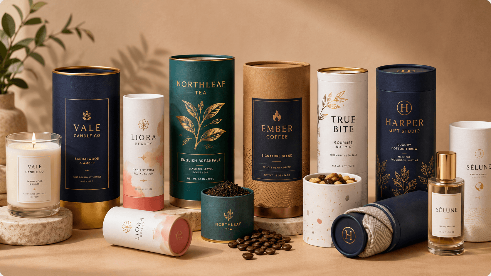 Custom tube packaging for candles, cosmetics, tea, coffee and premium retail gifts arranged in a clean studio setting.