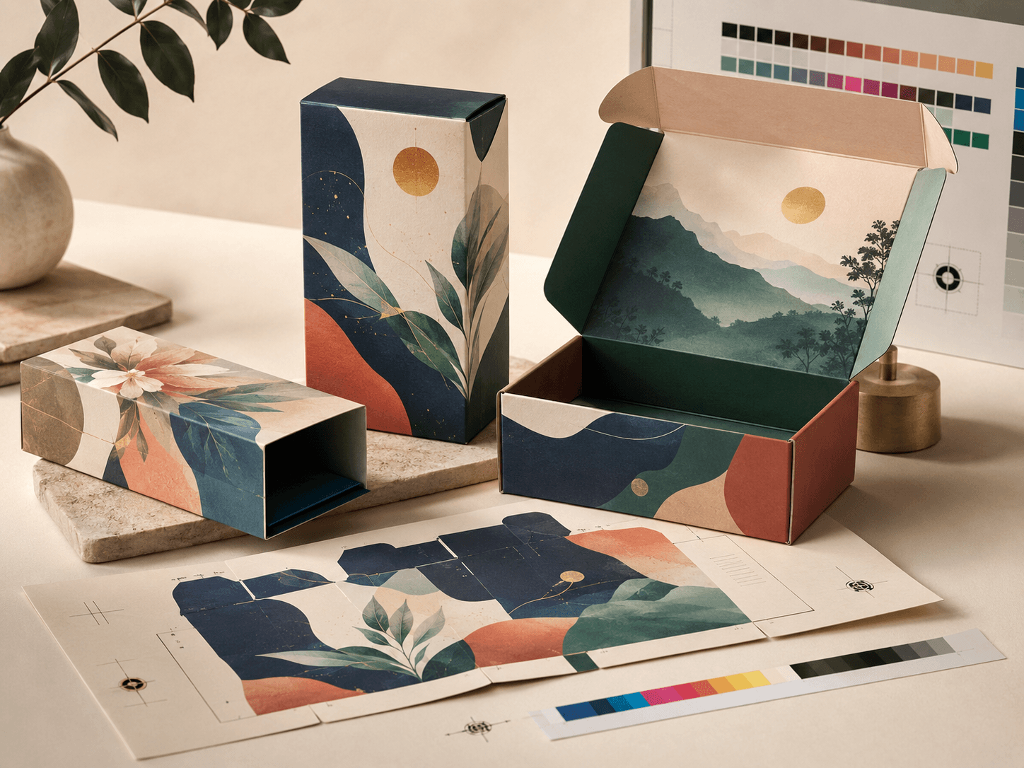 Full-colour printed packaging range showing CMYK artwork detail across boxes, sleeves and cartons.