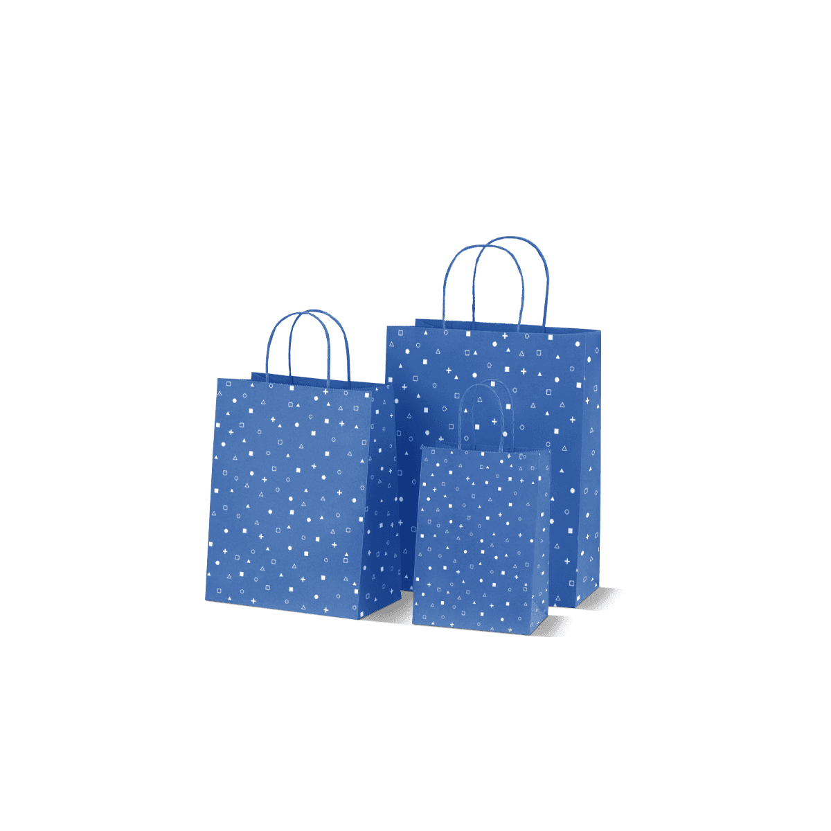 Printed twisted handle paper bags in natural kraft and white finishes, arranged for retail shopping and takeaway packaging presentation.
