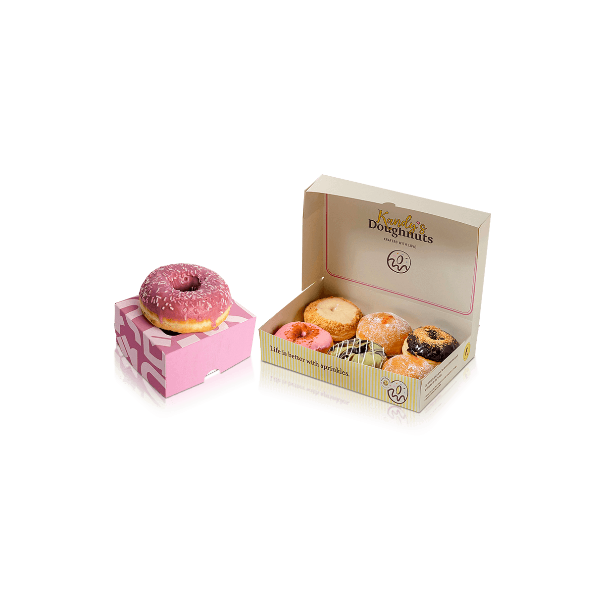 Custom donut boxes with printed cardboard bakery packaging for glazed donuts, assorted treats and takeaway display