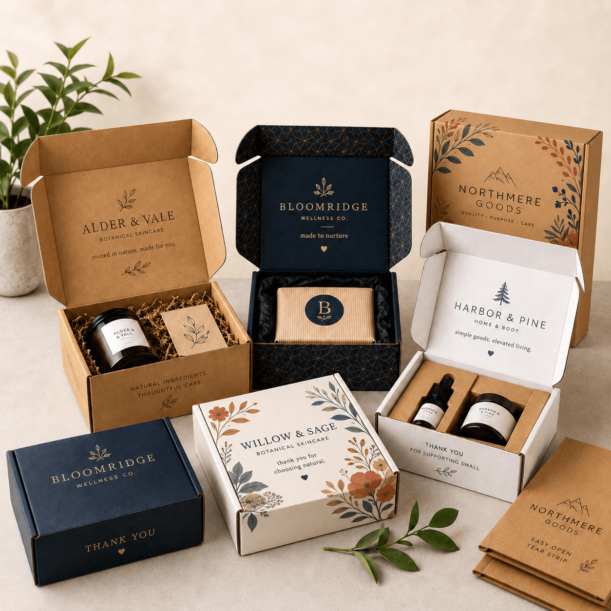 Custom mailer boxes with kraft, corrugated and postal box styles shown with inserts, printed branding and ecommerce products inside.