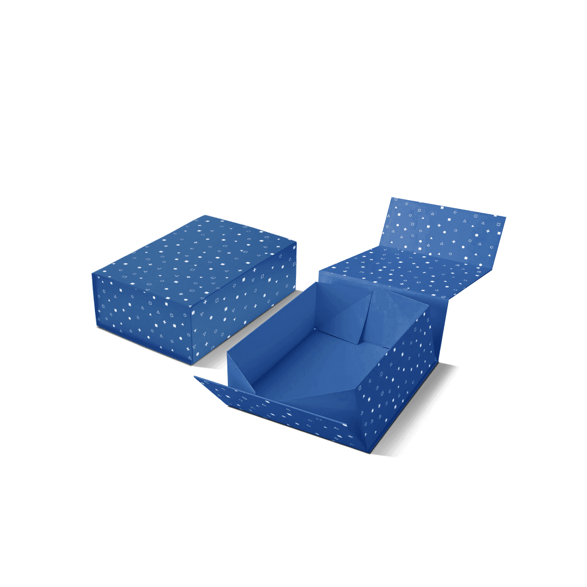 Collapsible rigid boxes with fold-flat board construction, magnetic closure details and printed outer panels, shown for premium packaging with efficient storage.