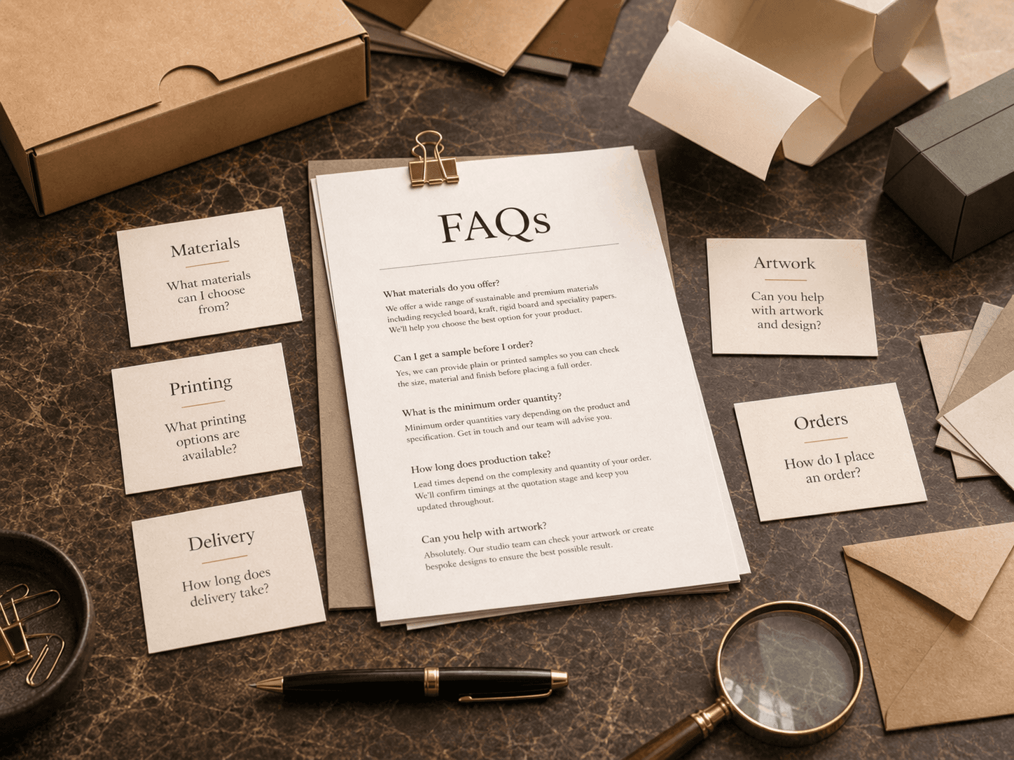 Warm editorial FAQ hero image showing a help guide document, question cards, packaging samples, a pen and paper-based materials on a refined tabletop.