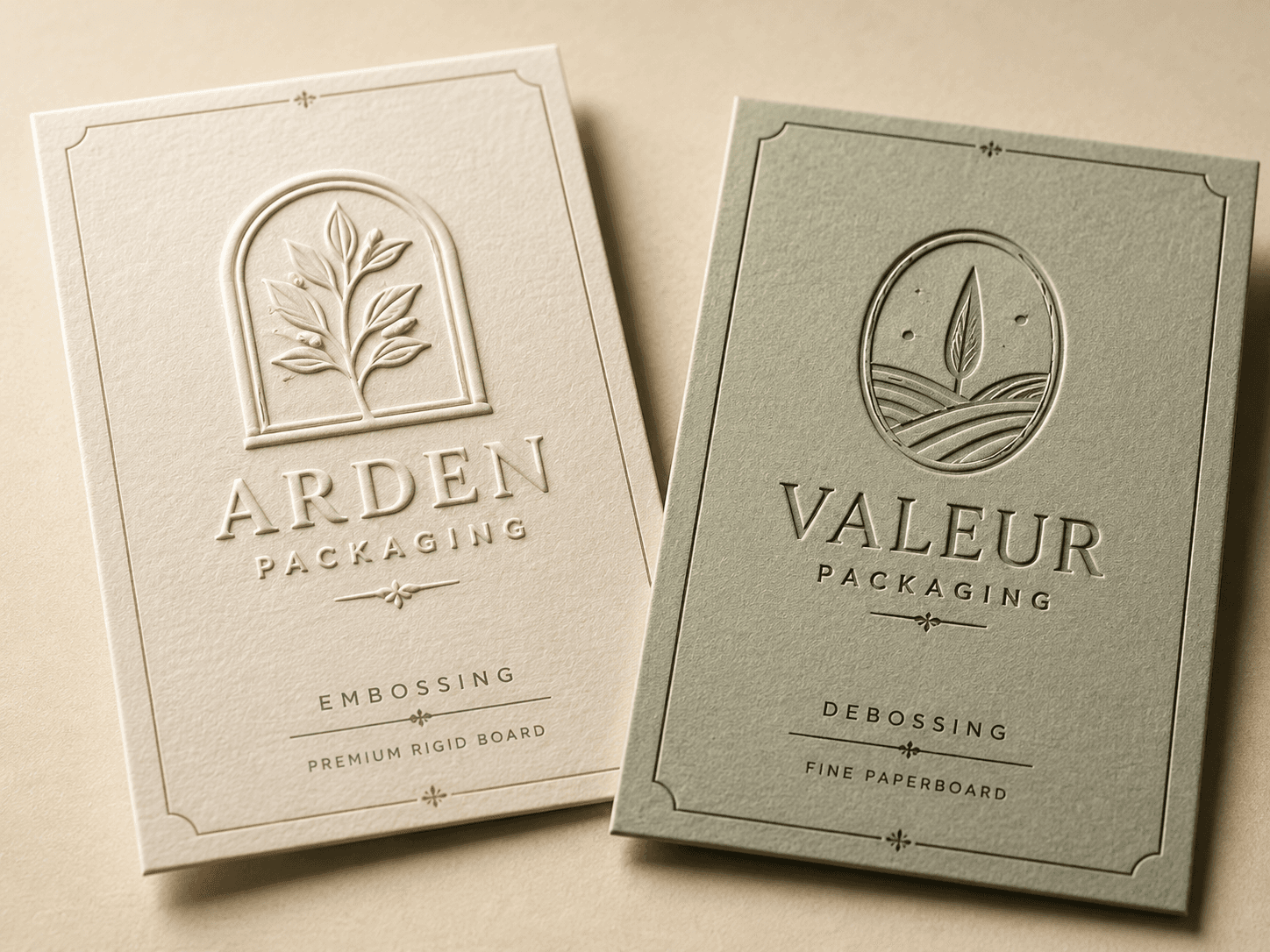 Two paperboard packaging sample cards showing raised embossing on one card and recessed debossing on the other.