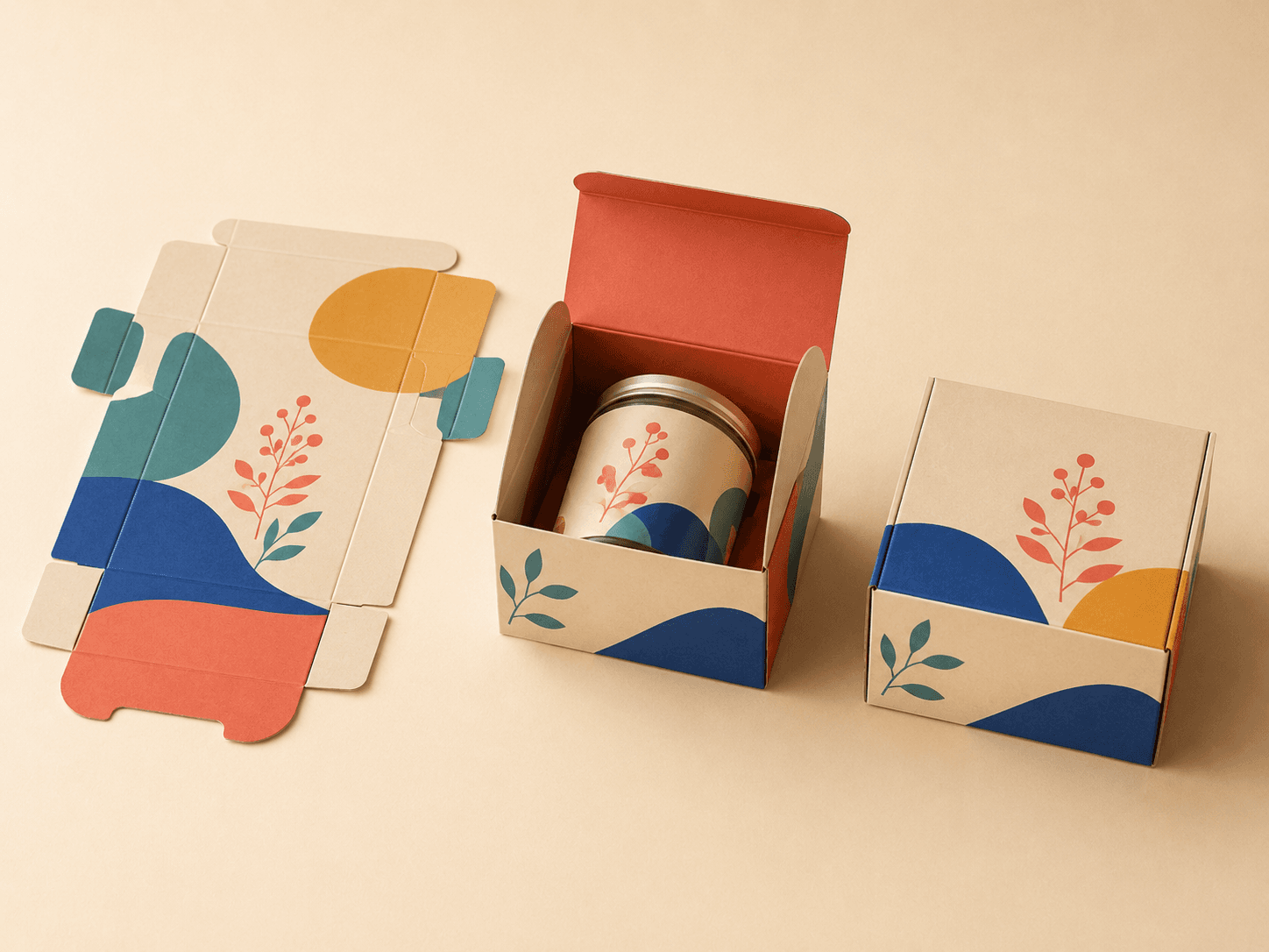 Boxes, sleeves and paper bags arranged for easier packing flow