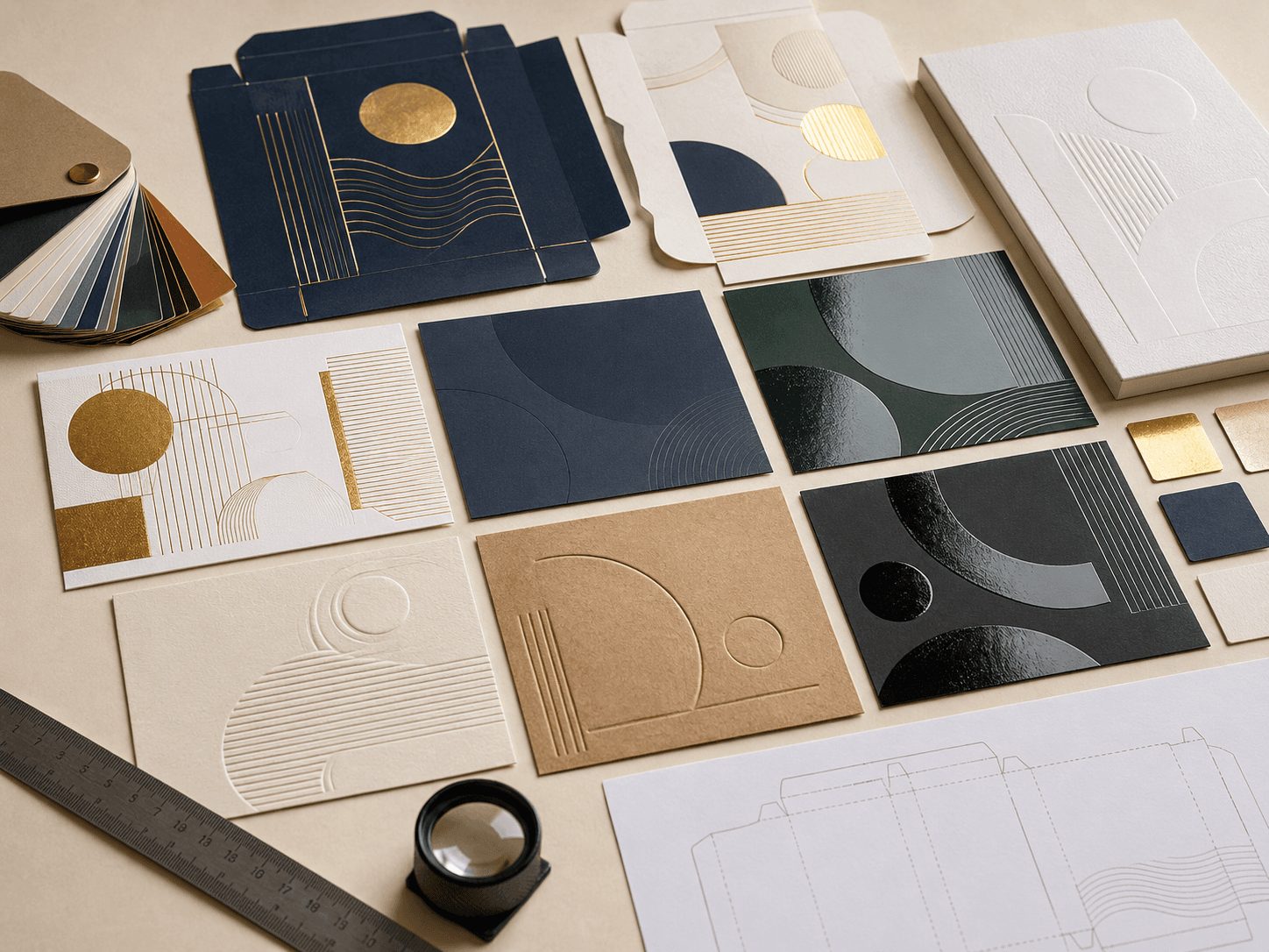 Packaging finish samples showing foil, lamination, embossing, debossing and spot UV on real paper stocks.