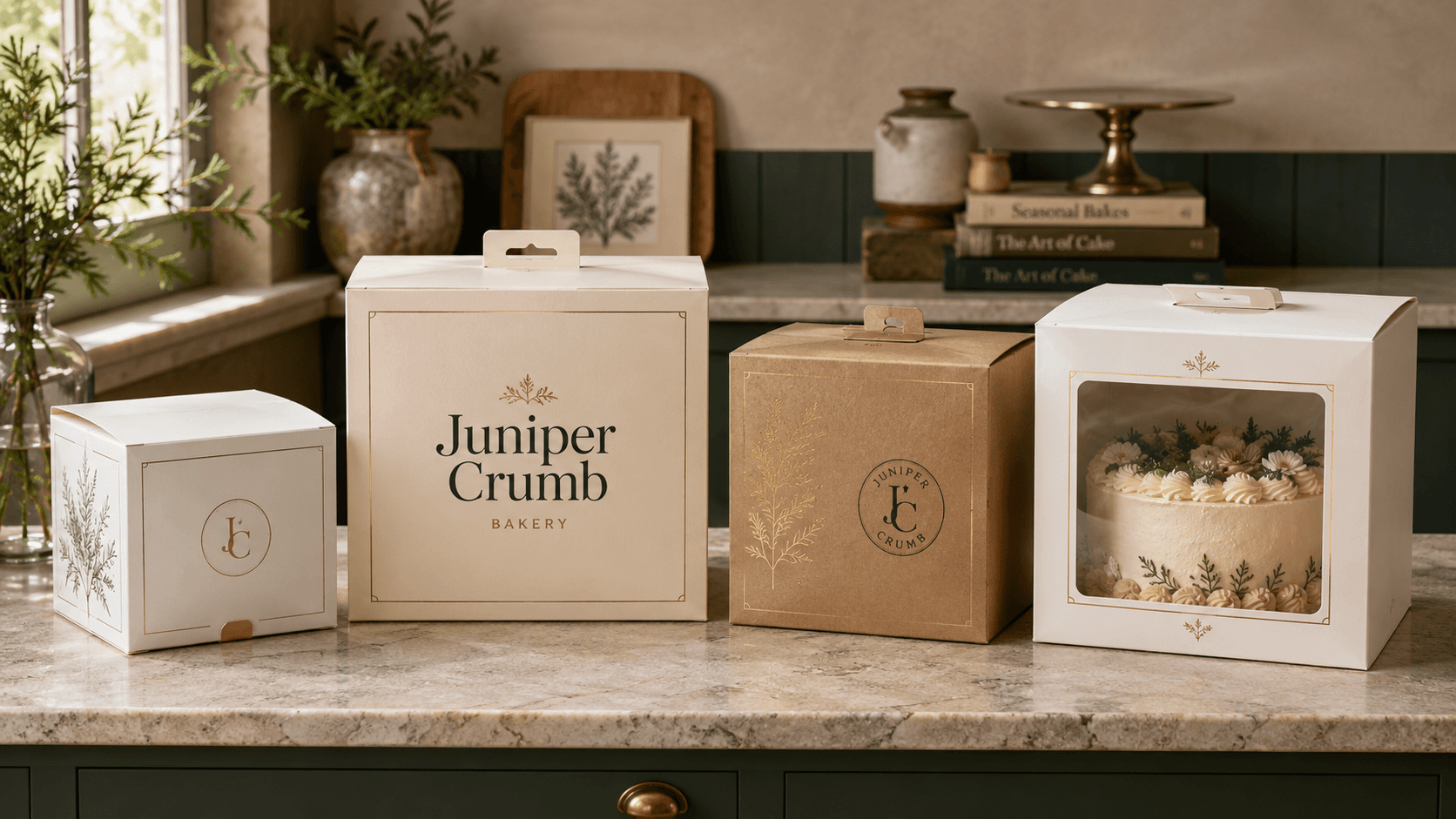 Premium custom cake boxes in different sizes with elegant bakery branding