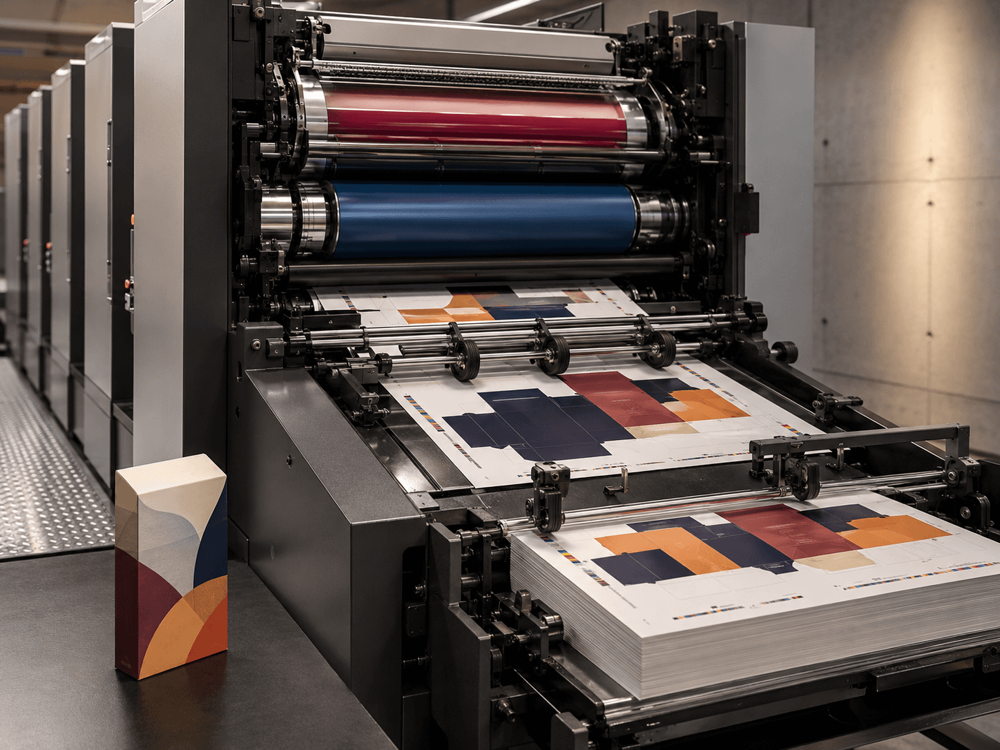Offset printing press running paperboard packaging sheets with printed carton layouts.