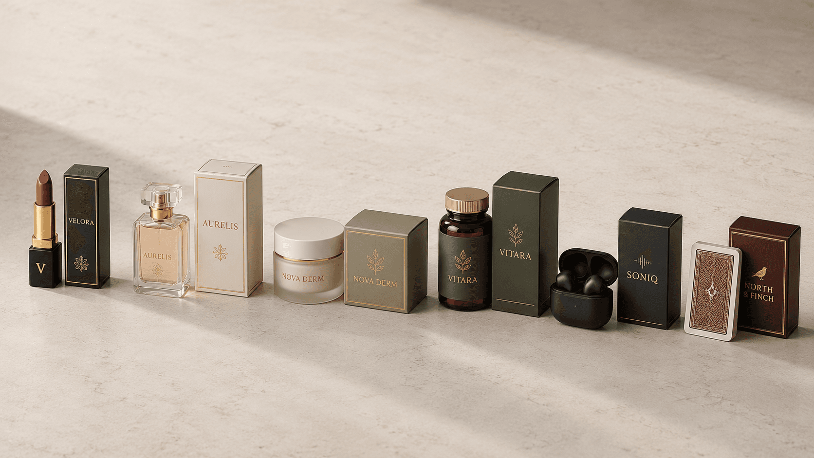 Different tuck box sizes fitted around cosmetics, vitamins, electronics and playing cards