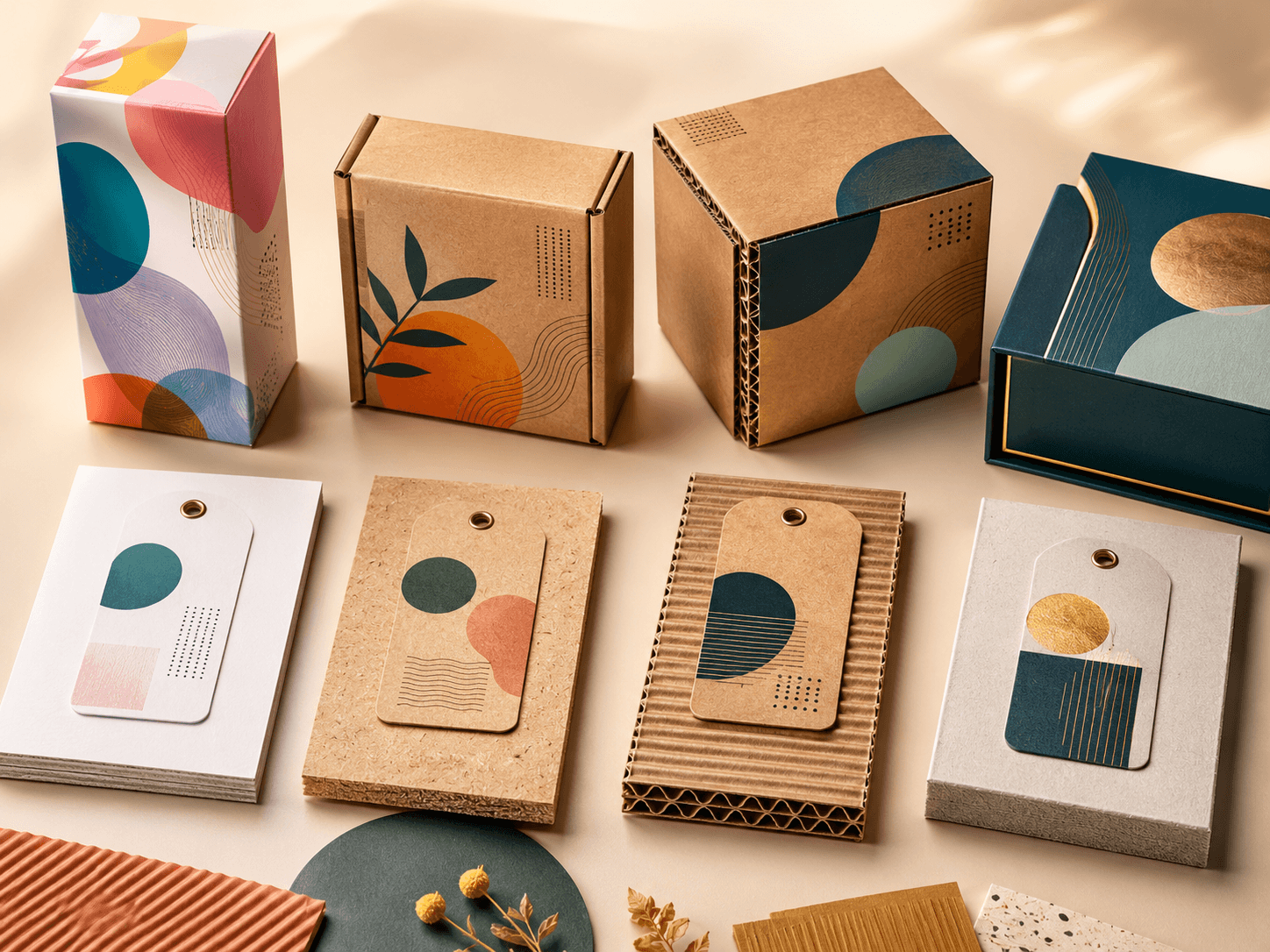 Premium packaging material advice scene showing paperboard, kraft, corrugated board and rigid board samples.