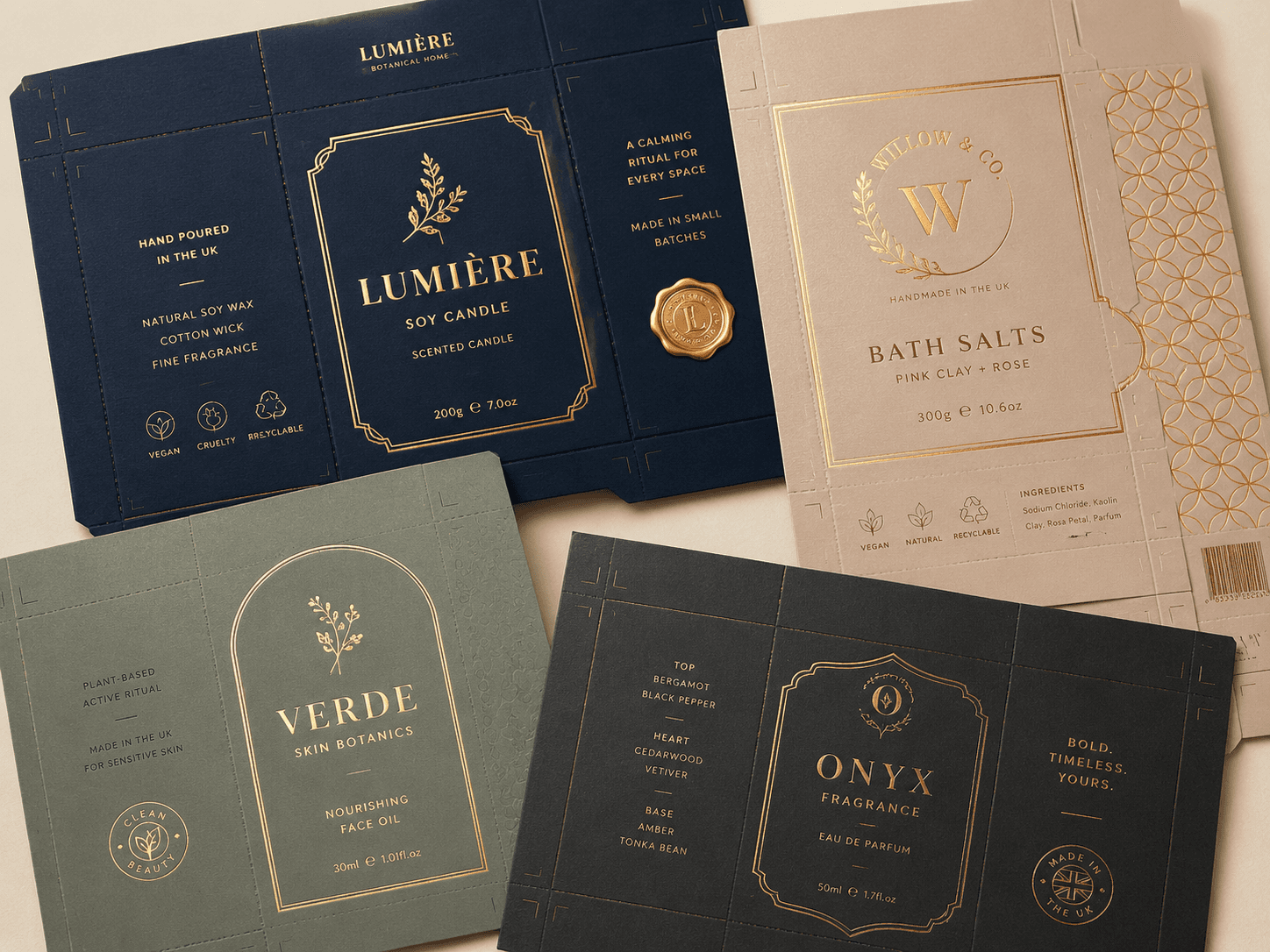 Foil blocked flat packaging artwork panels with metallic gold branding, decorative borders and dieline details.