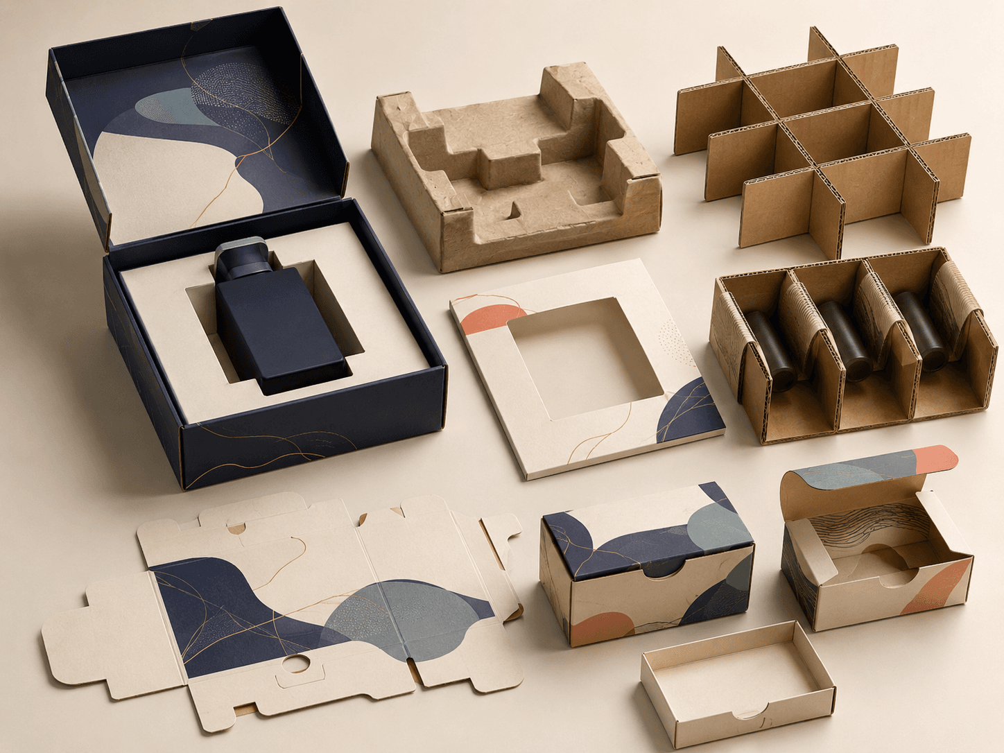 Custom packaging inserts, dividers, windows, tabs and cut-outs arranged in a premium technical studio scene.
